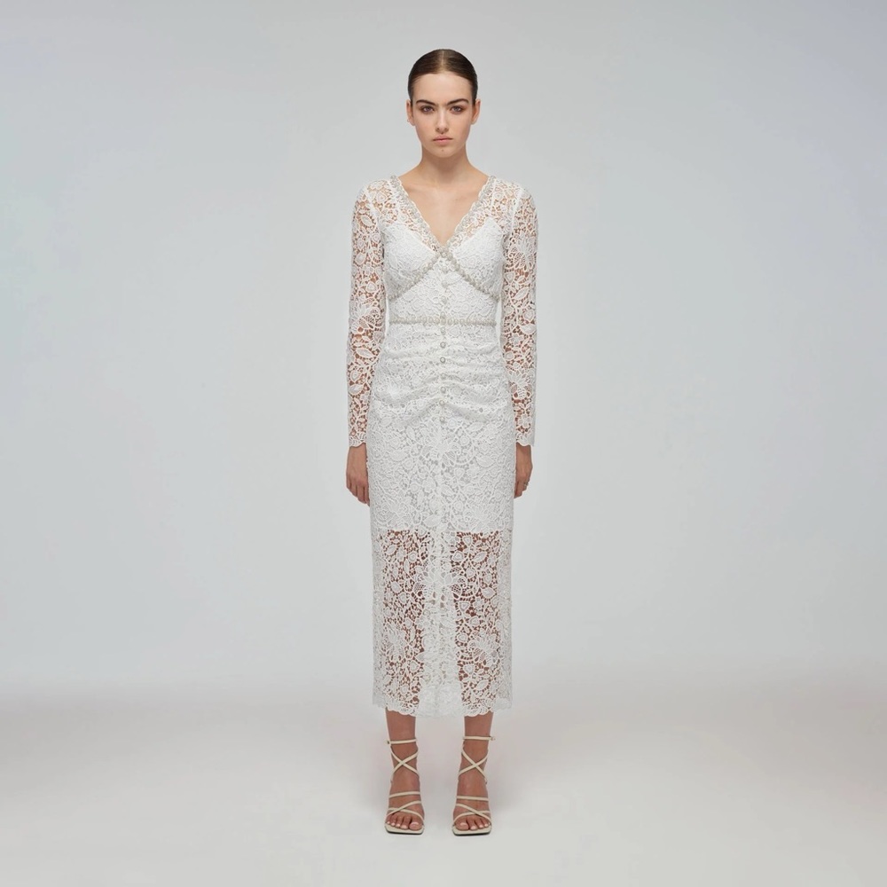 Self-Portrait Embellished Lace Midi Dress in Ivory